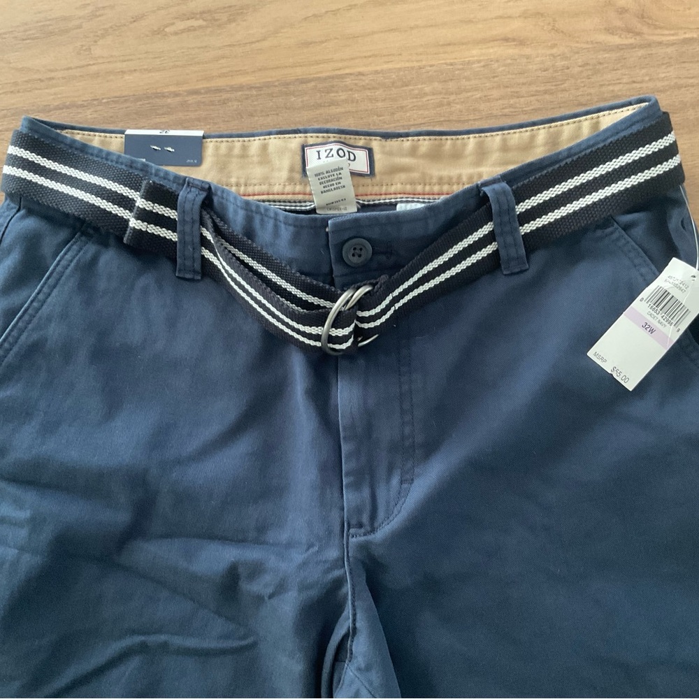 Izod Blue Flat Front Shorts with Striped Belt